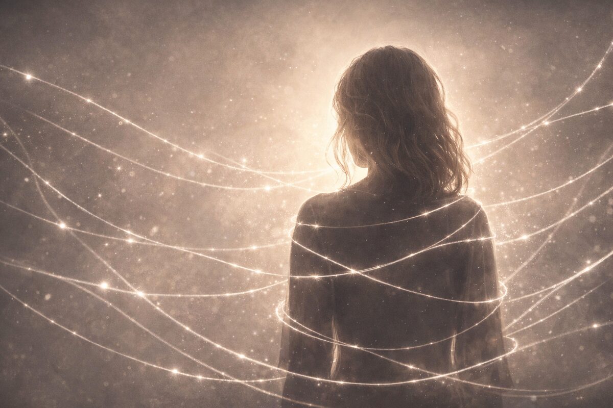 Silhouette einer Frau umgeben von unsichtbaren energetischen Fäden, Verstrickung nach Trennung