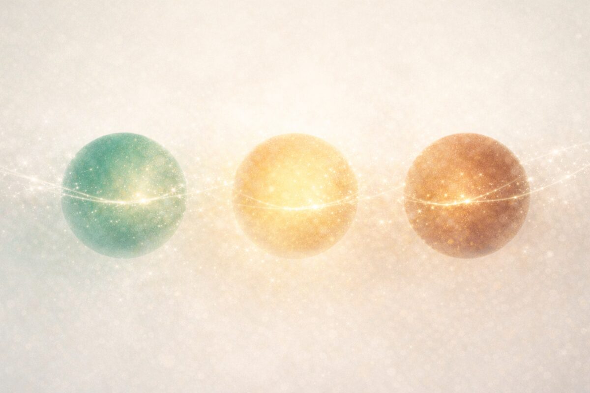 Drei leuchtende Sphären in Grün, Gold und Braun, Fallbeispiele energetische Klärung