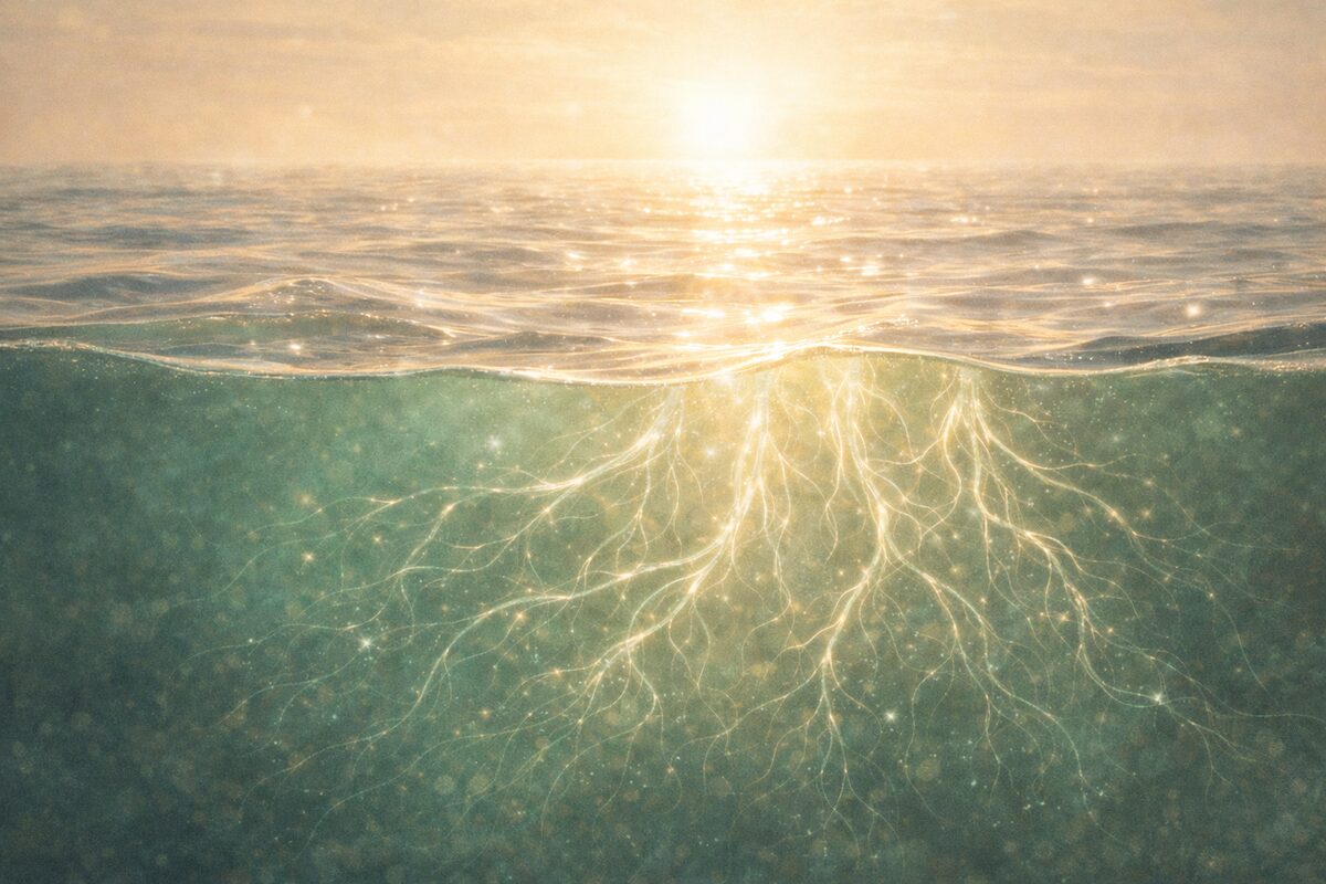 Ruhige Wasseroberfläche mit komplexen Strukturen darunter, verborgene energetische Ebenen